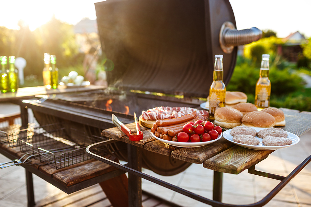 barbecue grill party. tasty food on wooden desk.